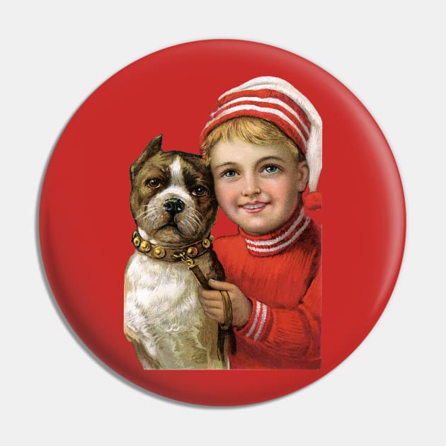 Little boy with Christmas Cap sitting by his pet terrier Pin by RedThorThreads