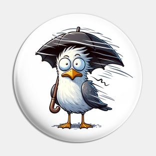 Surprised Seagull in Storm with an Umbrella Pin