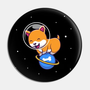 Cute Dog Playing On Planet Cartoon Pin