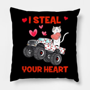 Cute Cat Holding Hearts Truck I Steal Hearts Valentines Day Pillow