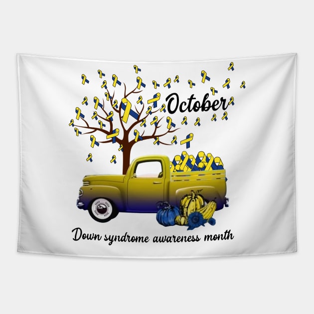 Blue And Yellow Ribbon Pumpkin Truck Down Syndrome Awareness Tapestry by HomerNewbergereq