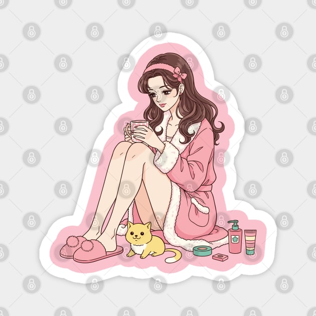 Cozy Kawaii Girl and Cute Dog Magnet by enrynz