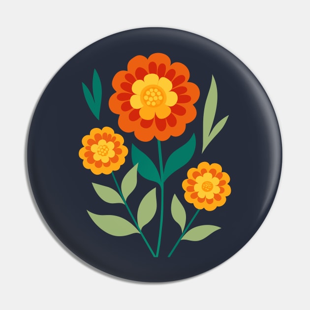 Retro Marigold Flowers Pin by craftydesigns