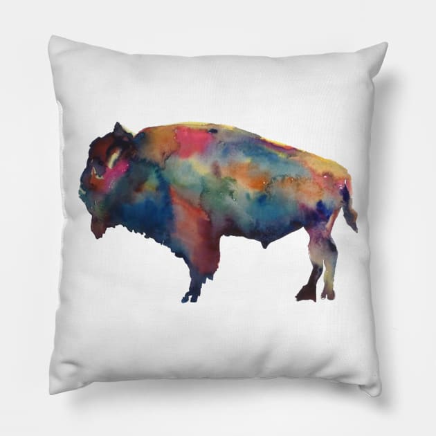 Buffalo Bison Colorful Cowboy Watercolor Art Pillow by CunninghamWatercolors