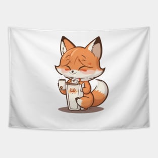 Cute fox with coffee Tapestry