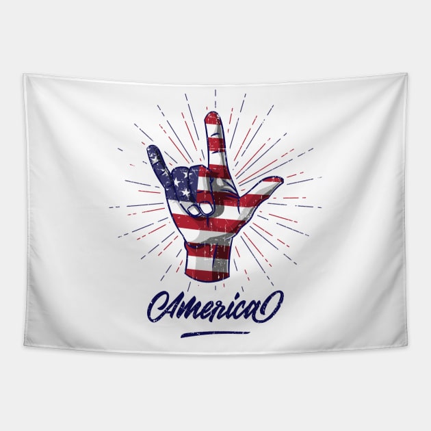 I Love You Hand Sign Gesture USA American Flag Cute Tapestry by teeleoshirts