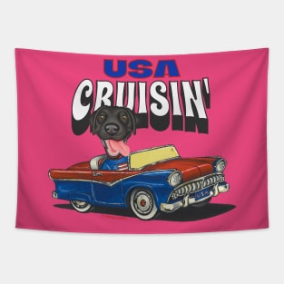 Humorous funny and cute black lab is driving a vintage car through the USA tee Tapestry