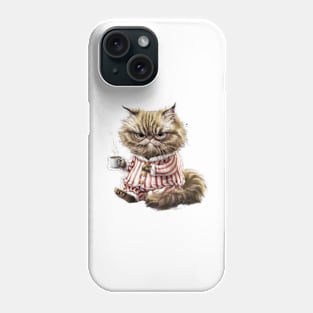 Print design of a cute Persian cat, wearing cozy pajamas and holding a steaming cup of coffee.1 Phone Case