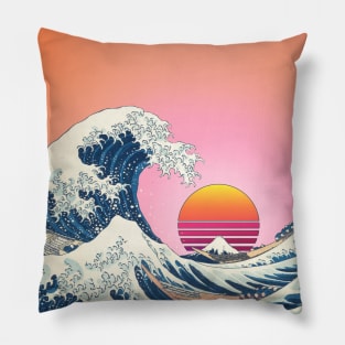 Retro Great Wave off Kanagawa with vintage rising sun and pastel sky Pillow