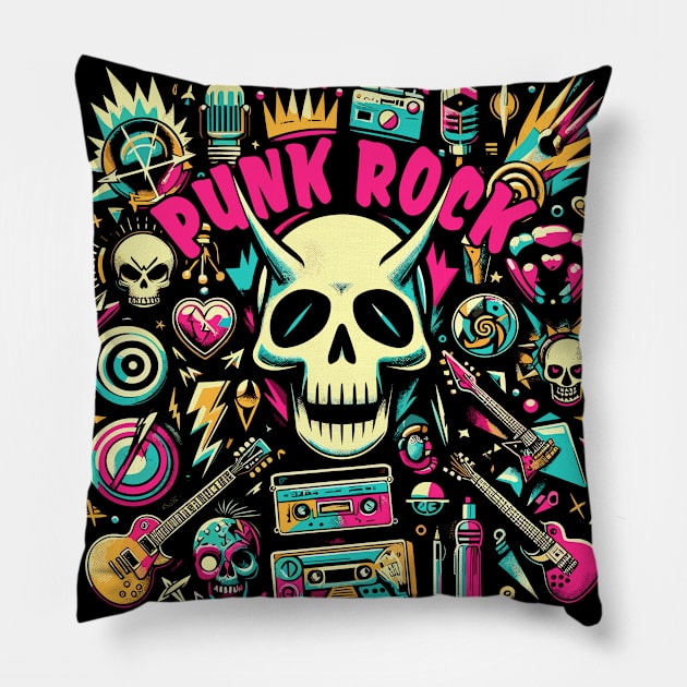 Rhythmic Riot: Punk Rock Vector Artwork Pillow by diegotorres