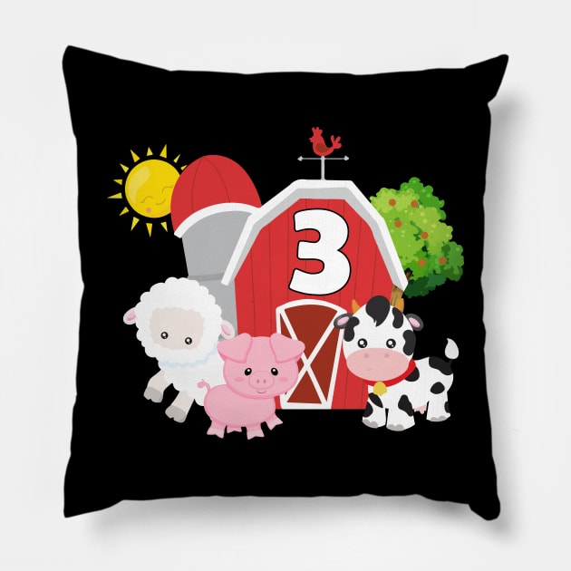 Kids Farm Animals 3rd Birthday Cute 3 Year Old Pillow by Tn Ole