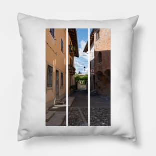 North Italy Life in the center of the lombard medieval city. Walking through narrow streets and walls. Sunny summer day. (vertical) Pillow