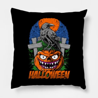 crow and halloween pumpkin head illustration Pillow