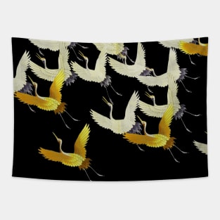 GOLD YELLOW WHITE FLYING CRANES IN BLACK Japanese Pattern Tapestry