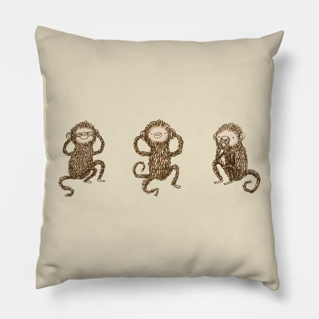 Three Wise Monkeys Pillow by Sophie Corrigan