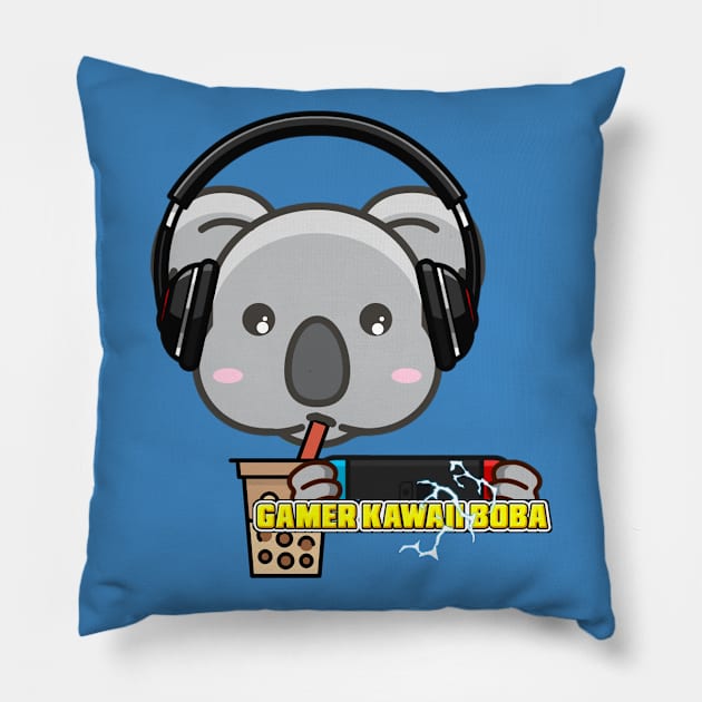 Cute Cartoon Kawaii Koala Gamer  Drinking Boba Pillow by Bubbly Tea