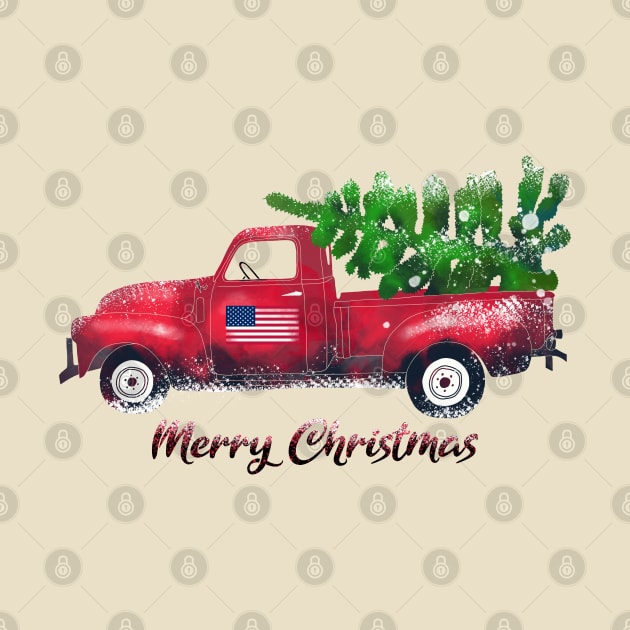 Vintage Watercolor Red Truck Carrying Xmas Tree Merry Christmas by okpinsArtDesign