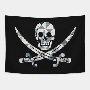 Skull and Crossbones White and Blue Geometric Pattern Tapestry