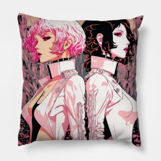 Together in the Street - Cyberpunk Illustrated Portrait Two Women Posing Back to Back in Front of a Bustling Cityscape Pillow