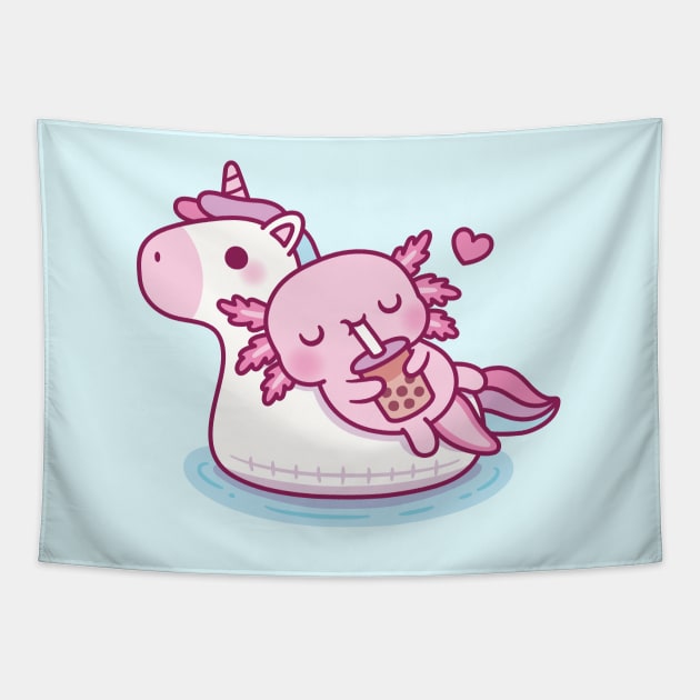 Cute Axolotl Chilling On Unicorn Pool Float Drinking Bubble Tea