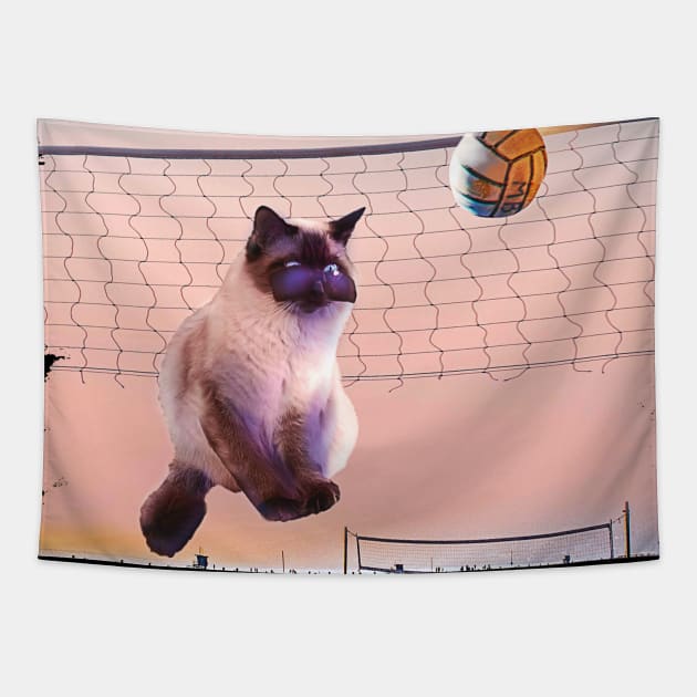 Siamese Cat Playing Beach Volleyball Tapestry by Random Galaxy