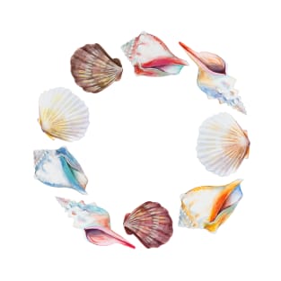 Hand drawn illustrations round frame of seashells. T-Shirt