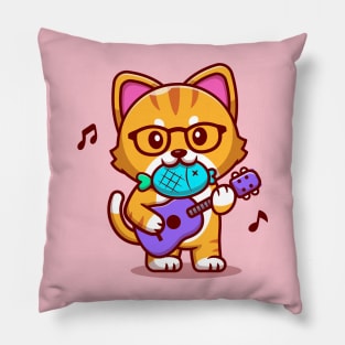 Cute Cat Playing Guitar With Fish Cartoon Pillow