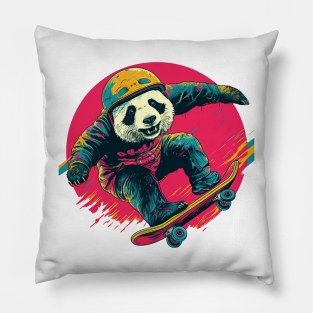 Street art panda in helmet riding a skateboard Pillow