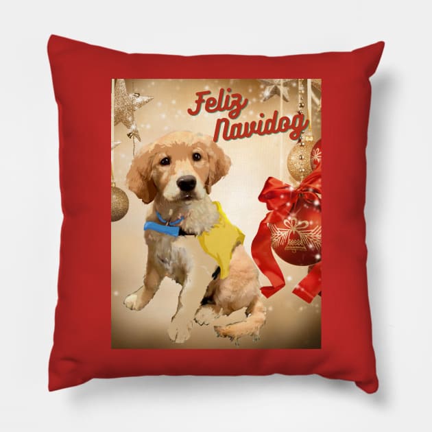 Feliz Navidog Golden Pillow by B C Designs