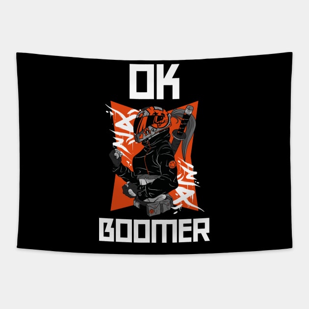 OK Boomer Anime Biker Girl Katana Tapestry by BlueTodyArt