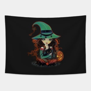 Cute Halloween Witch and Cat Big Eye Art Tapestry