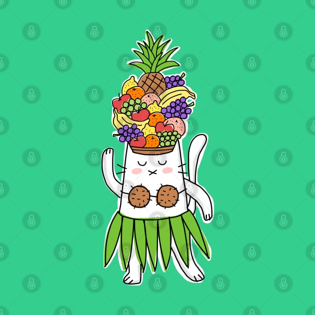 Hawaiian Dancer Cat With Tropical Fruit Hat by HappyCatPrints