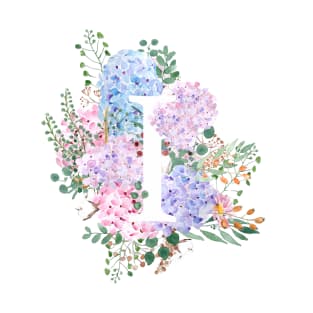 botanical monogram alphabet I hydrangea flowers T-Shirt