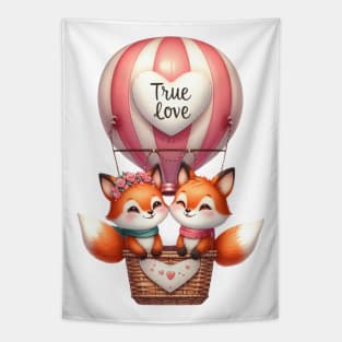 Valentine Fox Couple On Hot Air Balloon Tapestry