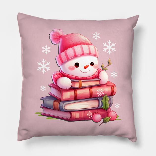 Pink Kawaii Snowman with Books Pillow by PUFFYP