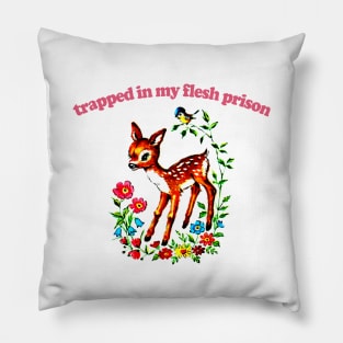 Trapped In My Flesh Prison  / Retro 80s Style Cartoon Nihilism Design Pillow