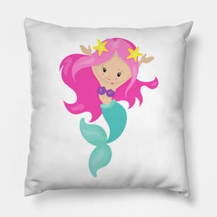 Cute Mermaid, Little Mermaid, Starfish, Pink Hair Pillow