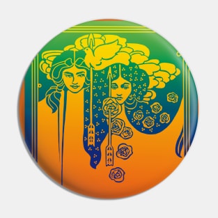 Art Nouveau Ladies (orange on blue/green) Pin