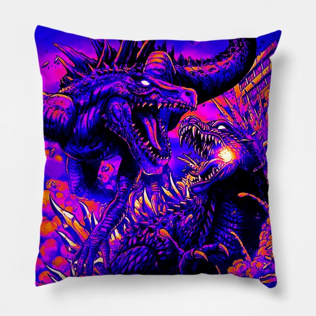 Retro God Is Zilla Pillow by Bentonhio