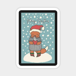 Merry Christmas , cute little fox drinking hot chocolate in the snow 2 Magnet