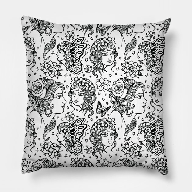 Tattoo Ladies pattern Pillow by Seven Relics