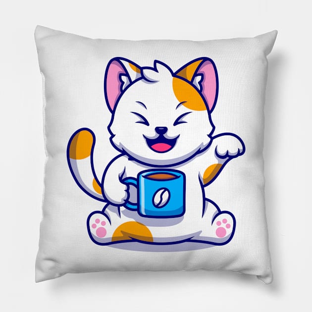 Cat and Coffee Kawaii Orange - Cute Pillow by Ravensdesign