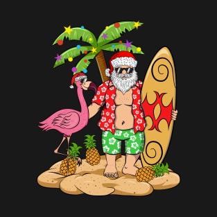 Santa with Pink Flamingo and Pineapples Christmas T-Shirt