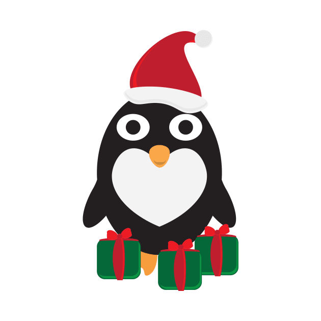 Cute Cartoon Penguin with Santa Hat and Green Red Gifts by sigdesign