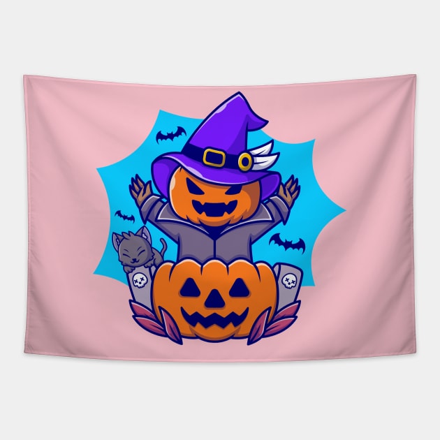Cute Witch Pumpkin Halloween With Cat And Bat Cartoon Tapestry by Catalyst Labs