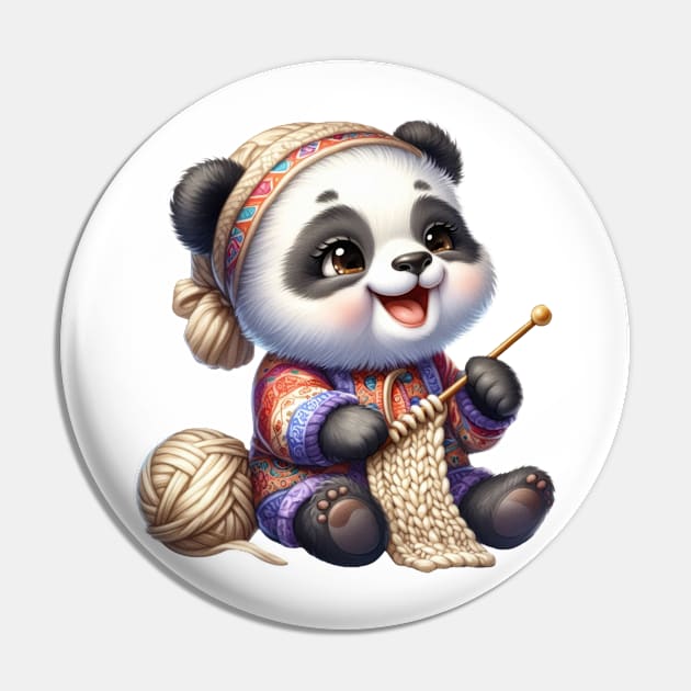 Panda Bear Knitting A Sweater Pin by Chromatic Fusion Studio