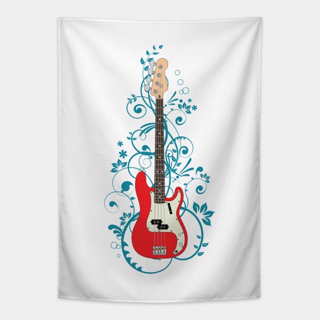 Red P-Style Bass Guitar Flowering Vines Tapestry by nightsworthy