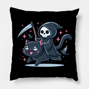 Grim Reaper Riding Black Cat Pillow