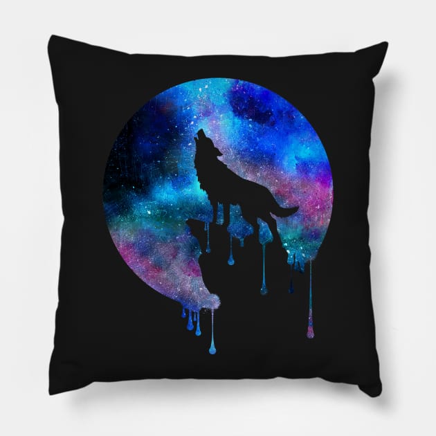 Howling Wolf Moon Space Galaxy Drips Hipster Trend Gift T-Shirt Pillow by CheesyB