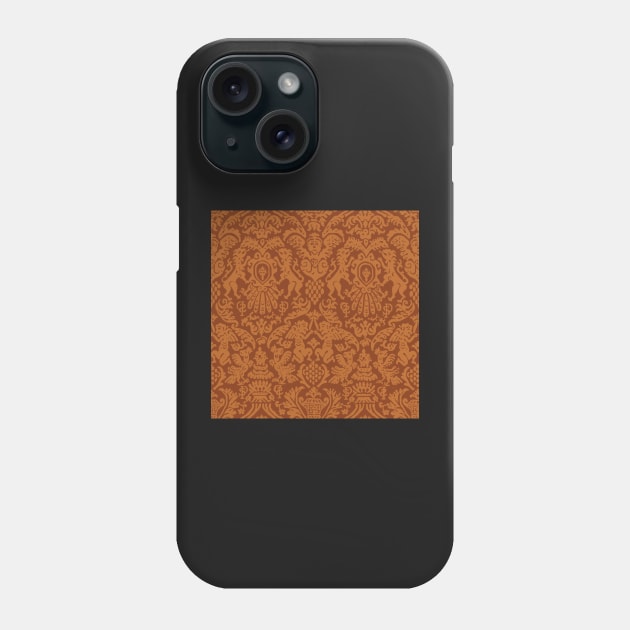 Mustard Gold on Warm Brown Weird Medieval Lions, Cherubs, and Skulls Scrollwork Damask Phone Case by JamieWetzel